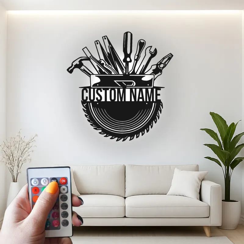 Insegna in metallo personalizzata con luce LED per Cassetta degli Attrezzi - Regalo per artigiani - Decorazione per garage o laboratorio 1