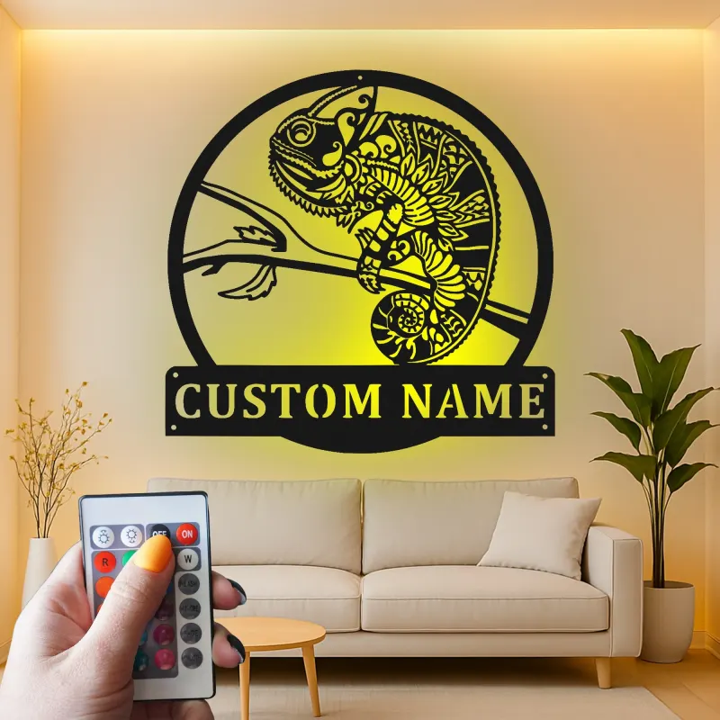Cartel de metal personalizado con luz LED de camaleón, regalo único para amantes de reptiles, decoración única para salón