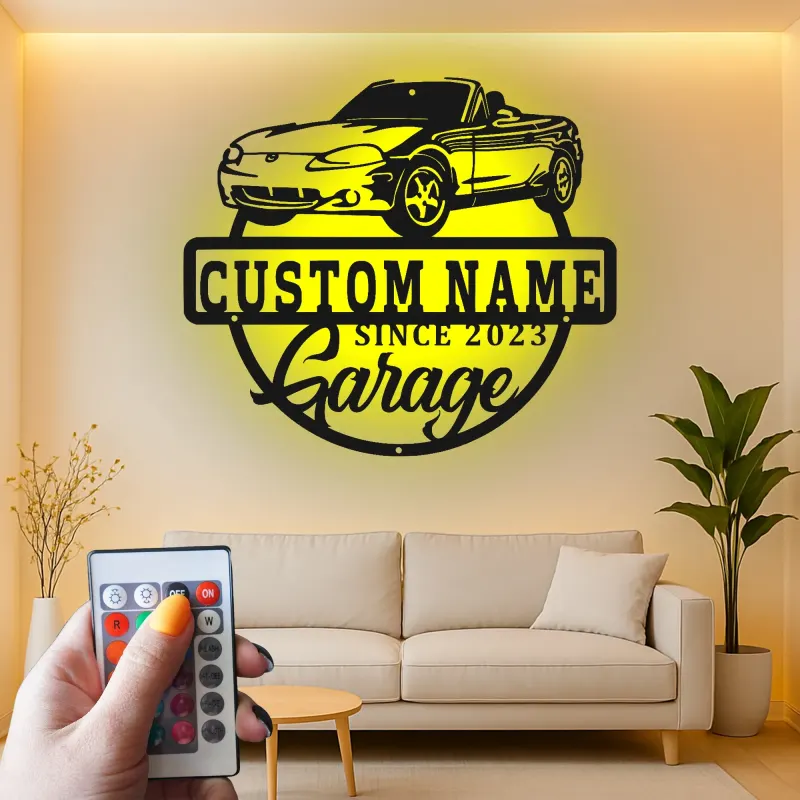 Décoration murale en métal personnalisée avec rétroéclairage LED pour voiture décapotable - Cadeau personnalisé pour les passionnés de voitures