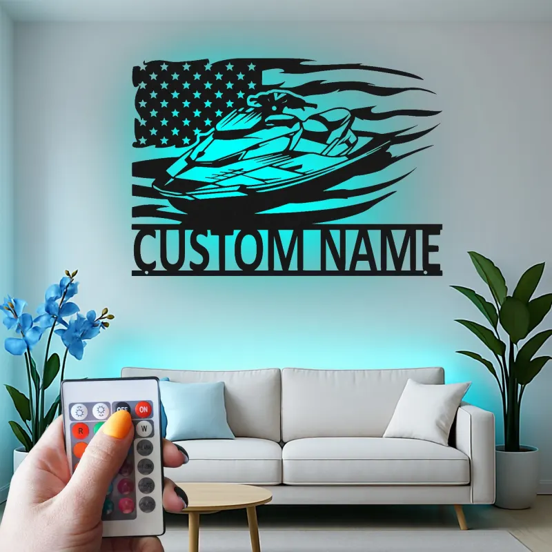Insegna in metallo personalizzata per Jet Ski con LED | Insegna con nome per imbarcazione per casa al lago | Regalo per appassionati di nautica e decorazione per garage