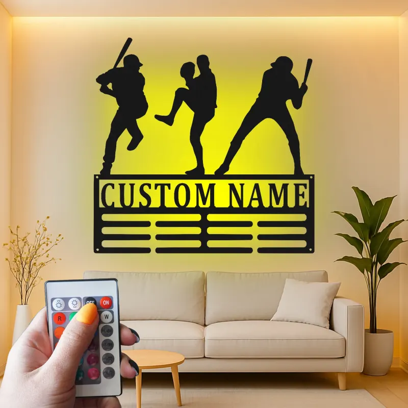 Décoration murale en métal personnalisée avec rétroéclairage LED pour joueur de baseball - Cadeau personnalisé pour les fans de sport
