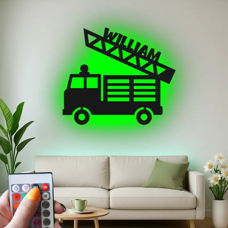 Personalized Fire Truck Name Sign | LED Metal Wall Art for Boys Room | Custom Kids Decor | Nursery Night Light