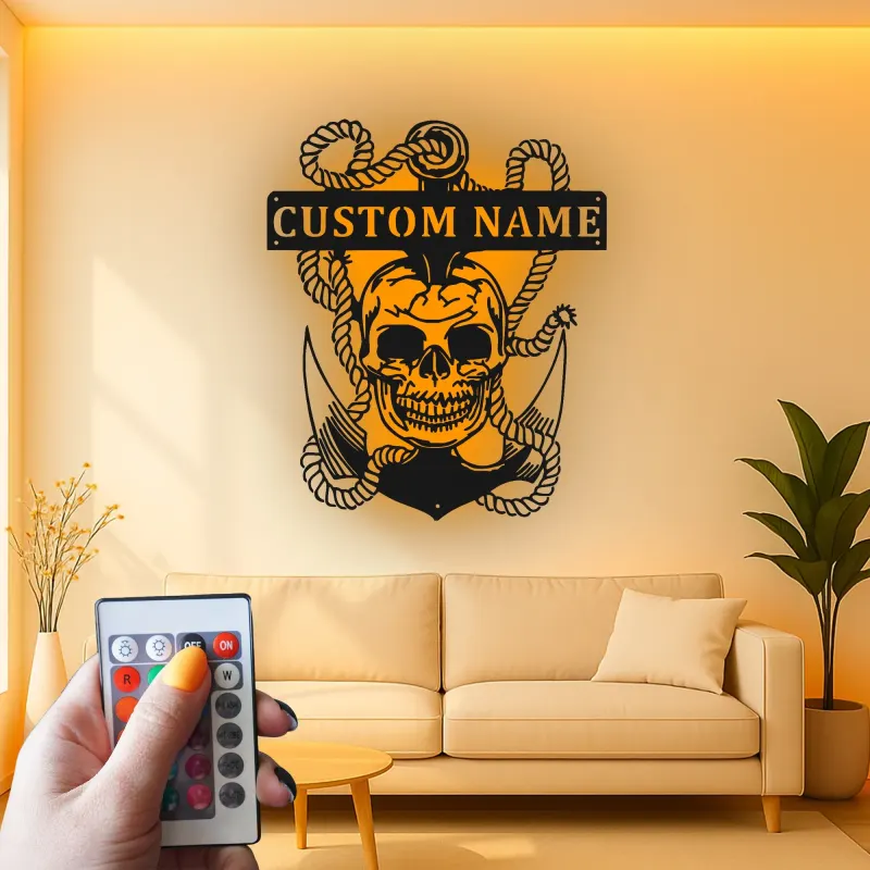 Insegna LED Teschio Pirata con Ancora | Arte Murale in Metallo Personalizzata | Decorazione Nautica per Man Cave e Regalo Personalizzato per Marinai