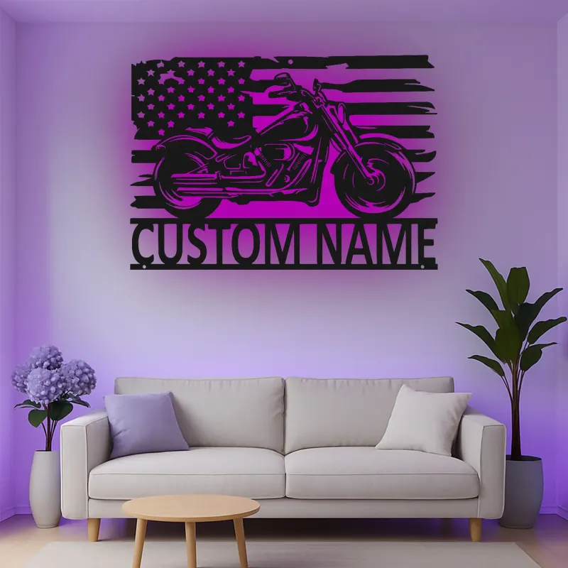 Insegna in metallo personalizzata con bandiera americana e luce LED regalo per motociclisti decorazione per garage
