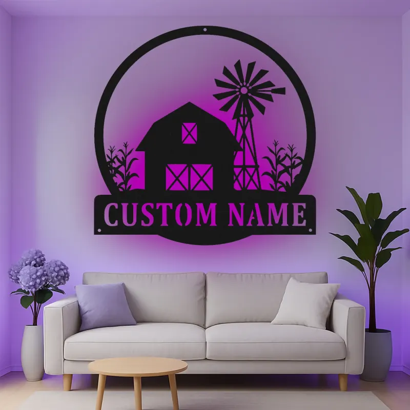Custom Farmhouse Barn Led Light Metal Wall Art Personalized Gift for Farmers Rustic Home Decor