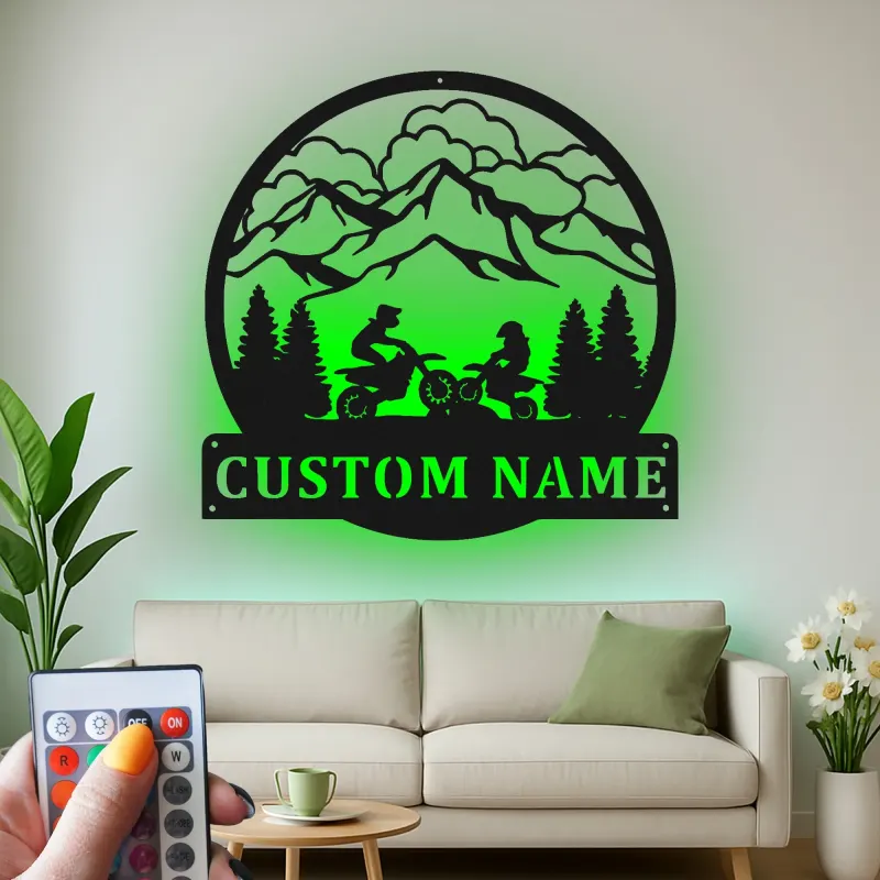 Custom Dirt Bike Mountain Scene Led Light Metal Wall Art Gift for Bikers Adventure Decor for Garage or Man Cave