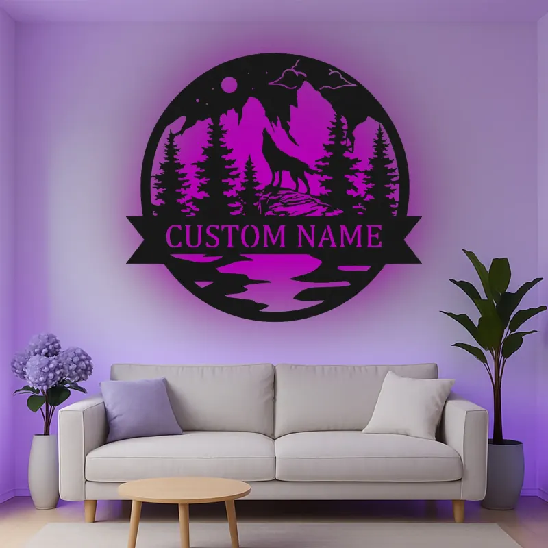 Décoration murale en métal personnalisée de loup hurlant à la lune avec rétroéclairage