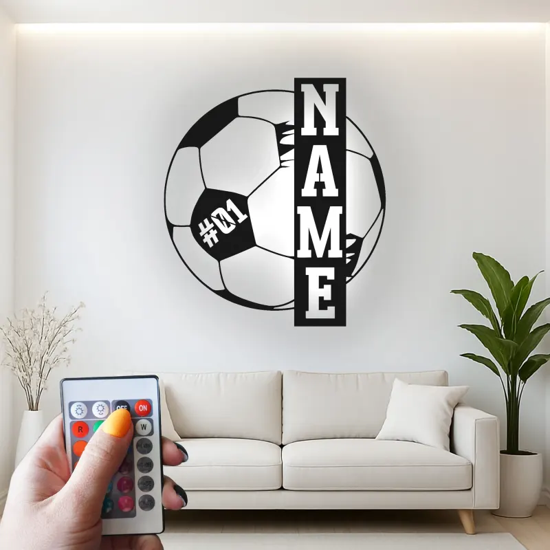 Cartel de metal personalizado de fútbol | Arte mural de metal LED | Número de jugador personalizado | Decoración de habitación de niño y regalo para atleta