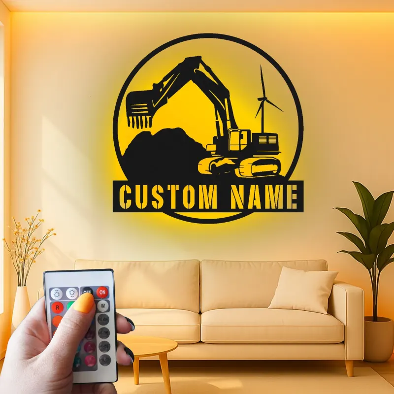 Personalisierte LED-Metall-Wandkunst mit Bagger – Geschenk für Bauprofis, Garagen- oder Bürodeko