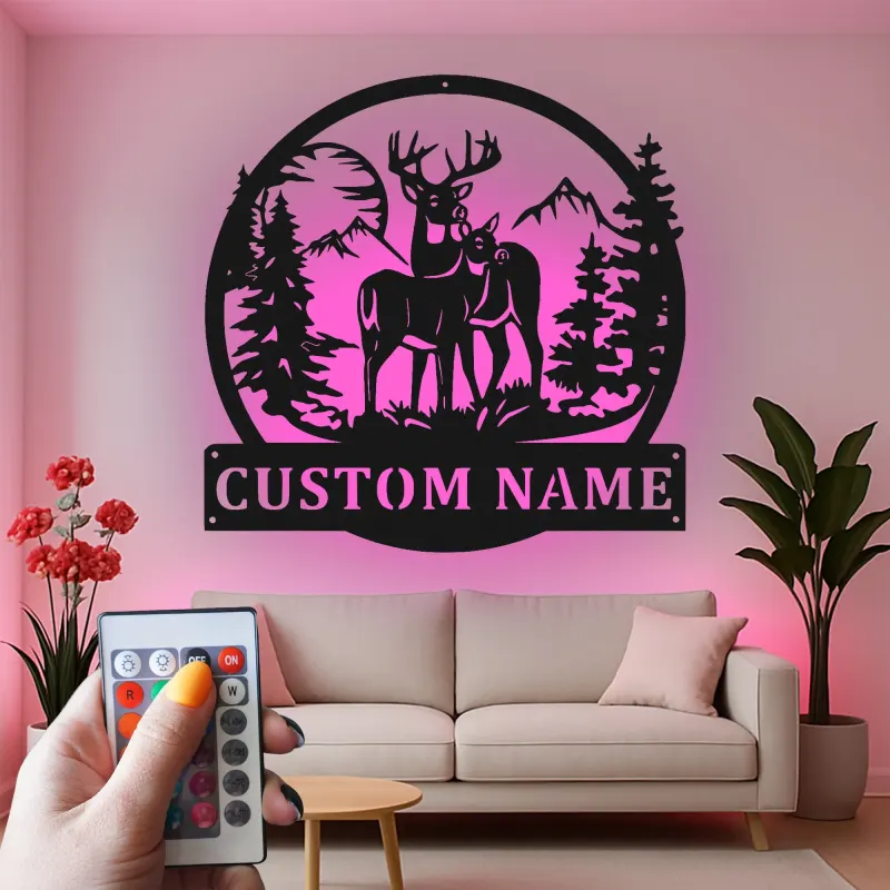 Décoration murale en métal personnalisée avec éclairage LED pour la famille de cerfs - Cadeau personnalisé pour les amoureux de la nature et le décor de cabane rustique
