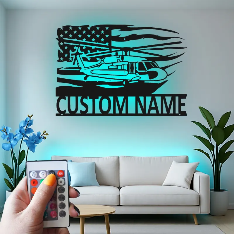 Black Hawk Helicopter LED Metal Wall Art | Personalized Pilot Gift | Custom Name Sign | Patriotic American Flag Wall Decor