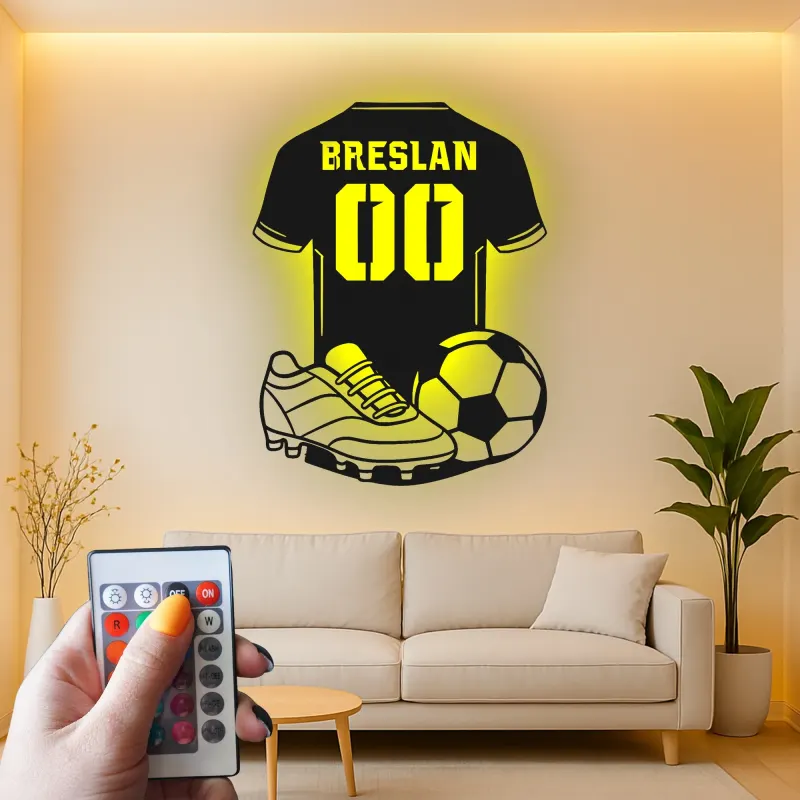 Insegna LED a forma di maglia di calcio personalizzata | Arte murale in metallo per camera di giocatore | Regalo per tifosi di calcio con nome e numero