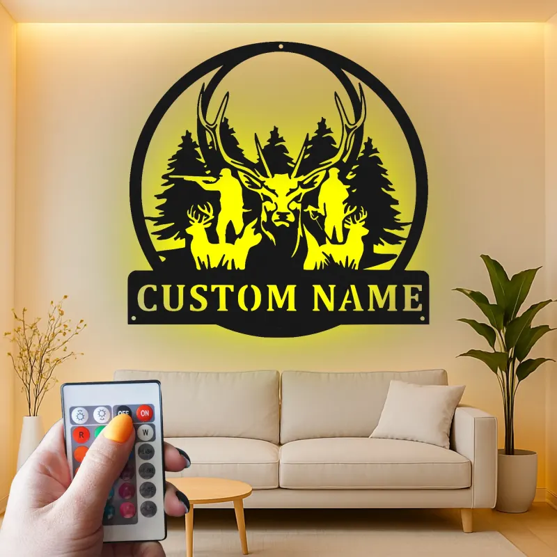 Personalisierte LED-Metall-Wandkunst für Hirschjäger – Geschenk für Outdoor-Fans, Deko für Hütte oder Man Cave