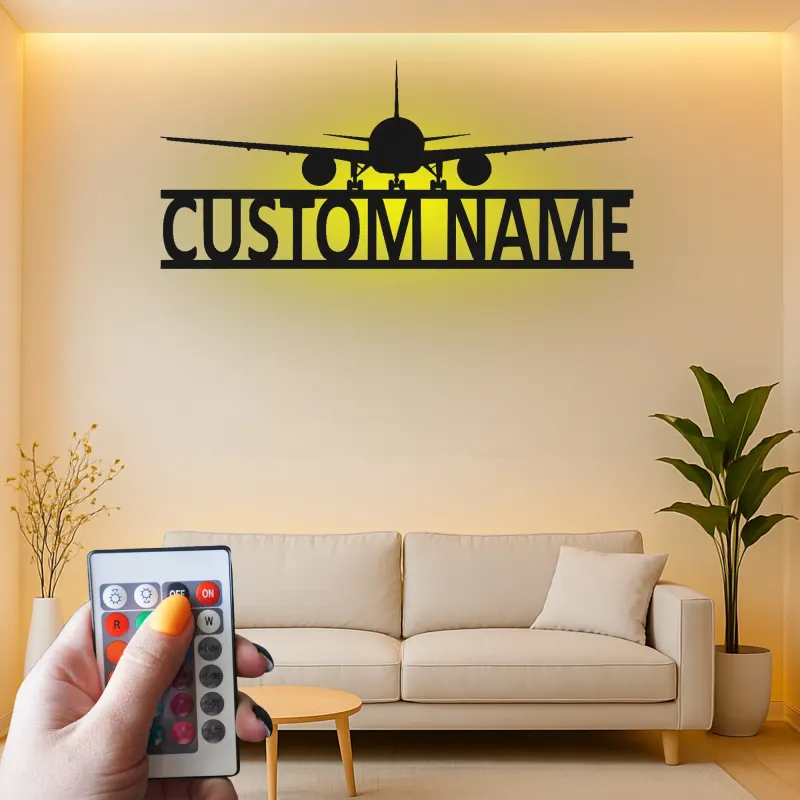 Décoration murale en métal personnalisée avec lumière LED d'avion - Cadeau d'aviation pour pilotes, décoration de hangar ou de bureau