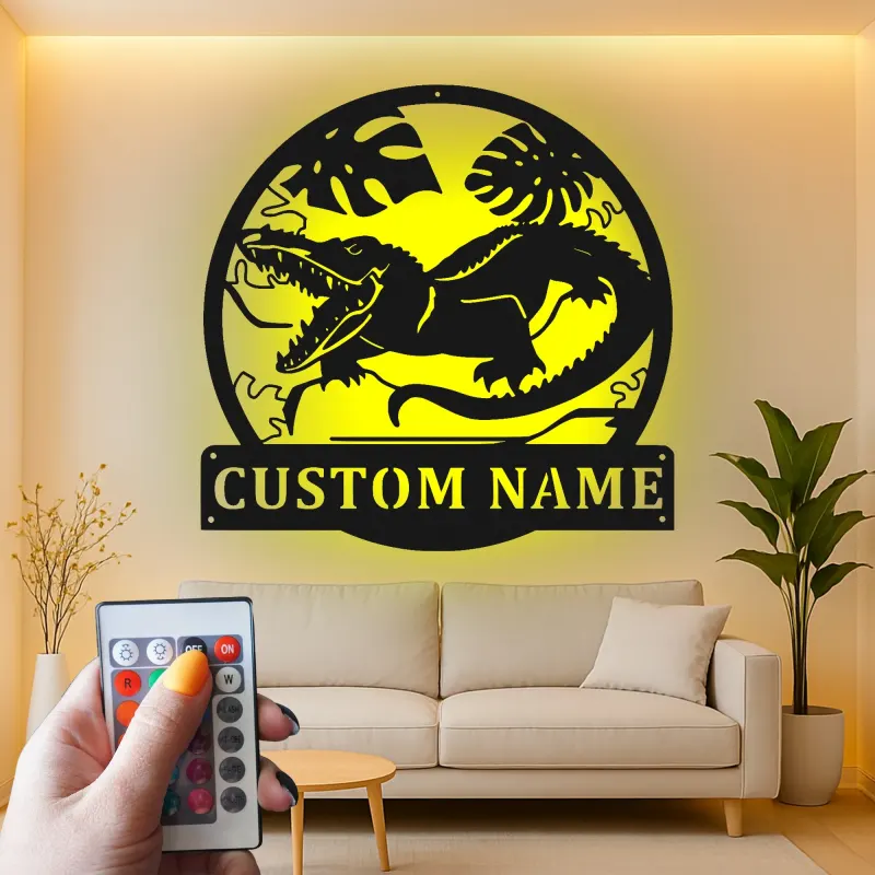 Custom Dinosaur Led Light Metal Wall Art Personalized Gift for Kids Jungle-Themed Bedroom Decor
