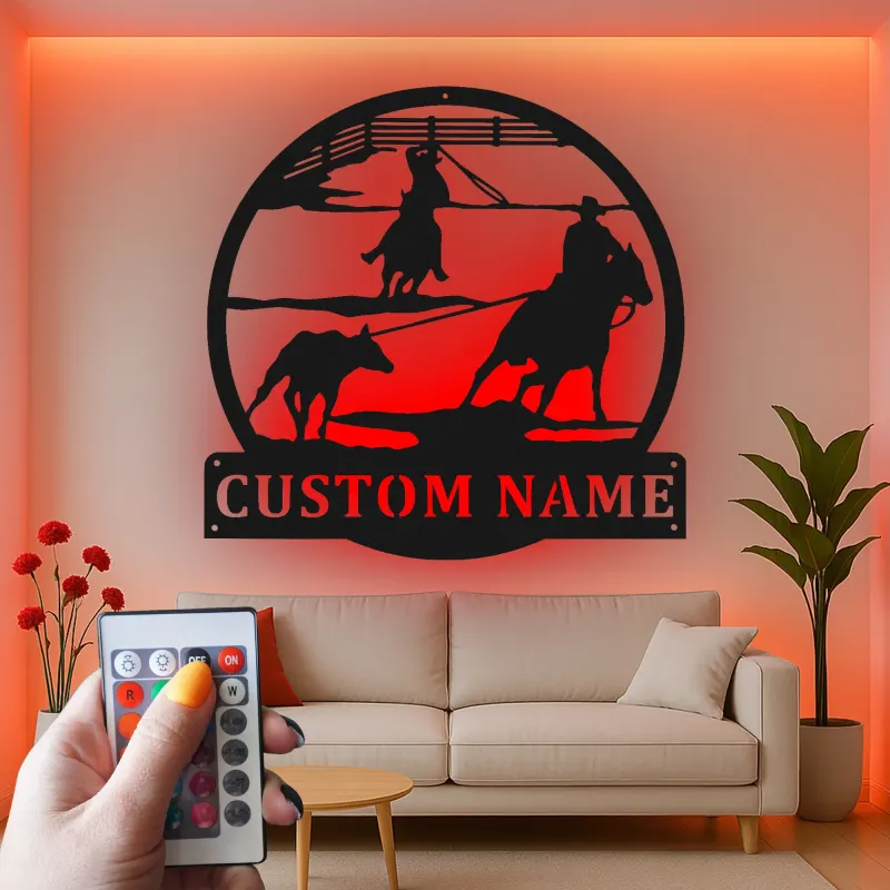 Décoration murale en métal LED personnalisée Rodeo Cowboy - Cadeau western pour lui - Décor ranch rustique
