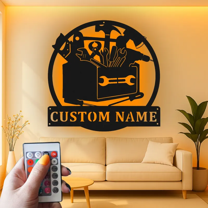 Insegna LED Toolbox Personalizzata | Arte Murale in Metallo Personalizzata | Decorazione per Laboratorio e Garage | Regalo per Falegname o Artigiano