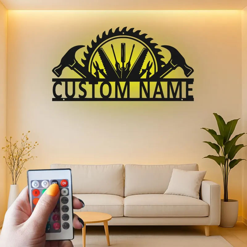 Décoration murale en métal personnalisée avec rétroéclairage LED en forme de lame de scie - Cadeau pour bricoleur, décoration de garage et d'atelier