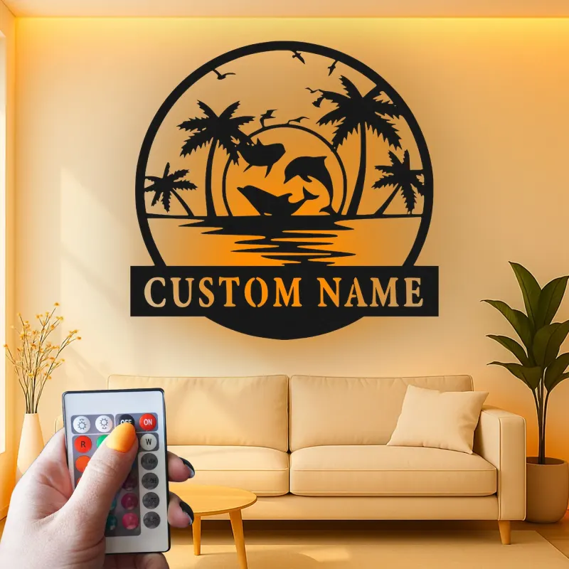 Décoration murale en métal personnalisée avec scène océanique et rétroéclairage LED - Cadeau pour amoureux de la plage, décor tropical pour le salon
