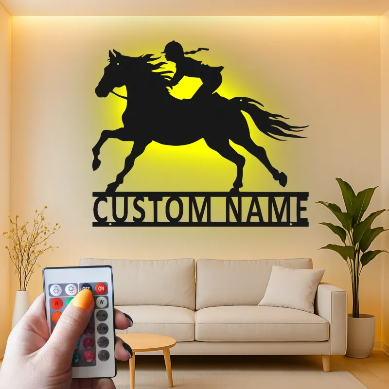 Panneau LED équestre personnalisé | Décoration murale en métal pour cavalière | Déco d’écurie & cadeau pour amoureuse des chevaux
