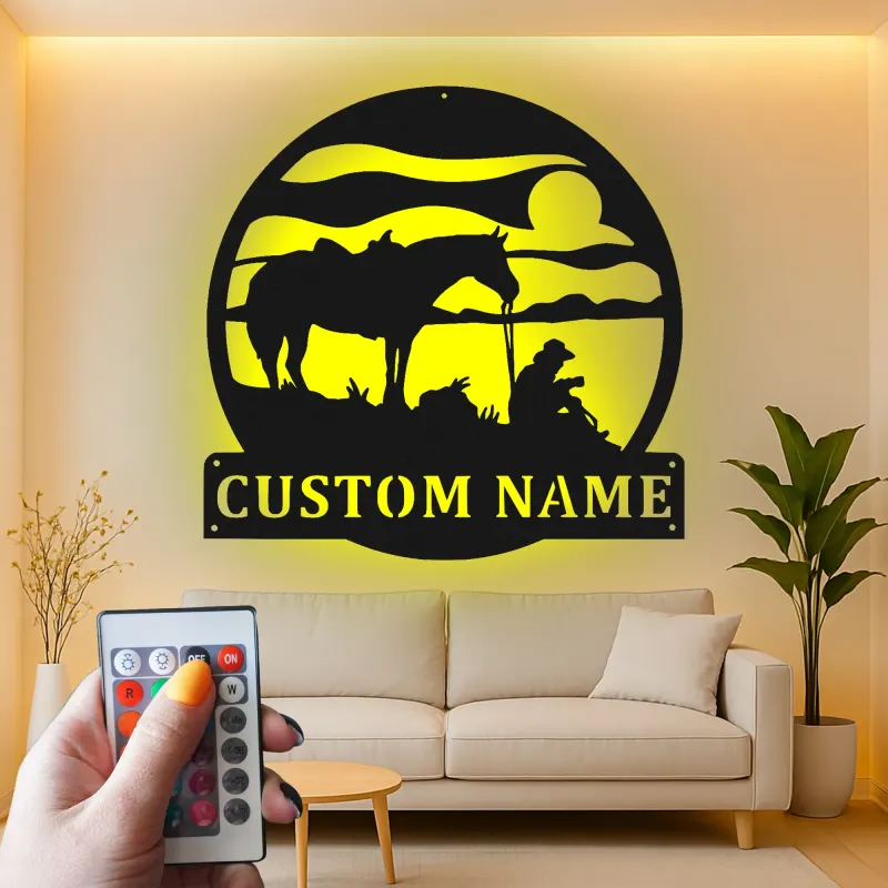 Insegna in metallo LED personalizzata con cowboy e cavallo - Regalo western per lui, decorazione rustica per ranch 2