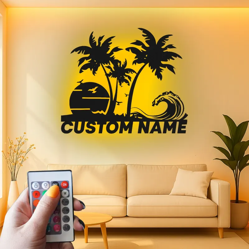 Insegna in metallo personalizzata con luce LED per scena di spiaggia - Regalo costiero personalizzato per amanti della spiaggia e decorazione tropicale