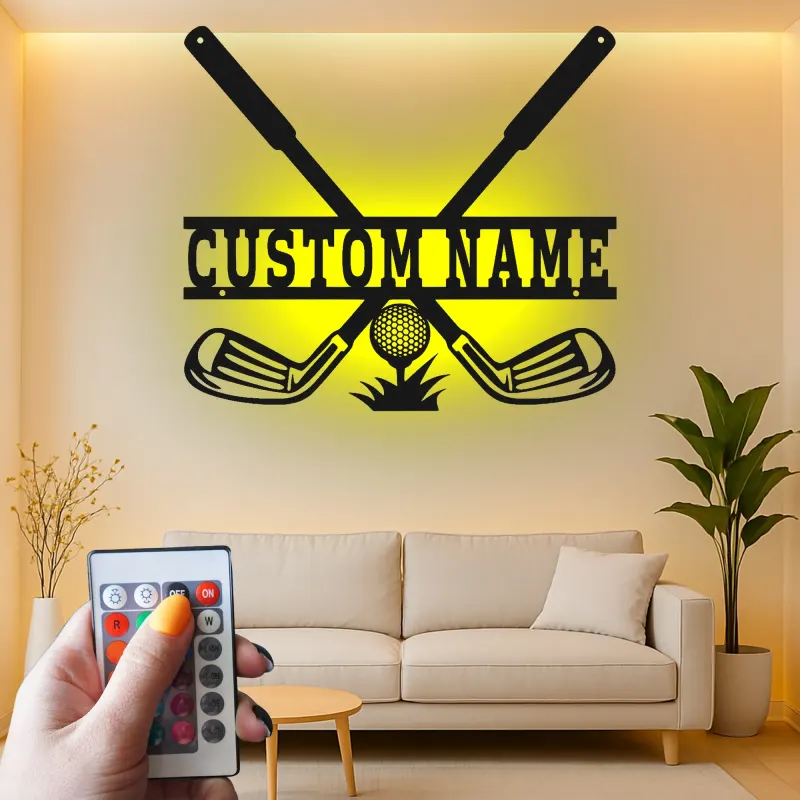Enseigne de golf personnalisée avec LED | Décoration murale en métal sur mesure pour man cave | Plaque prénom golfeur | Déco club de golf