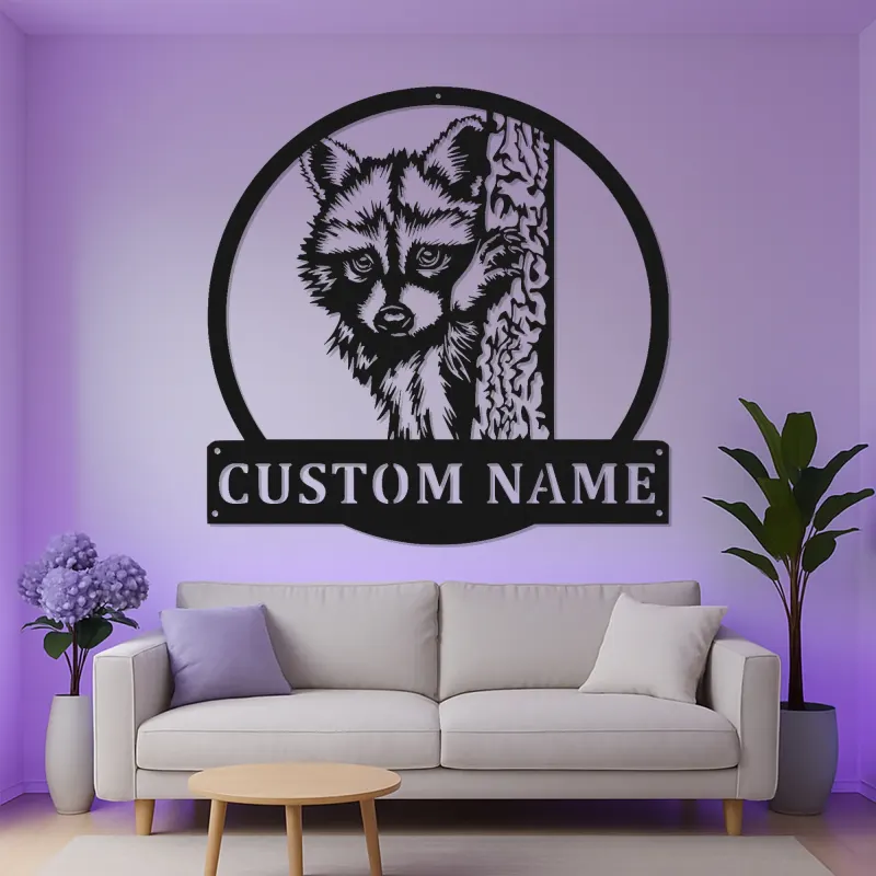 Cartel LED de mapache personalizado | Arte mural de metal a medida | Decoración rústica para cabañas | Silueta de vida silvestre de bosque | Regalo para amantes del bosque