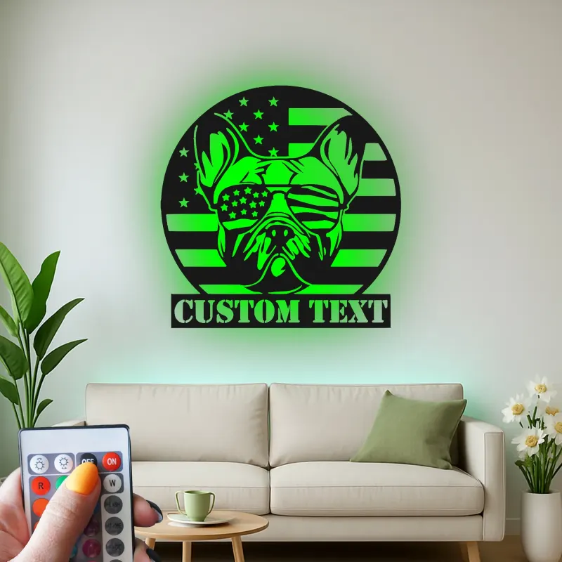 Décoration murale en métal personnalisée avec bulldog et drapeau américain éclairée LED - Cadeau patriotique pour les amoureux des chiens