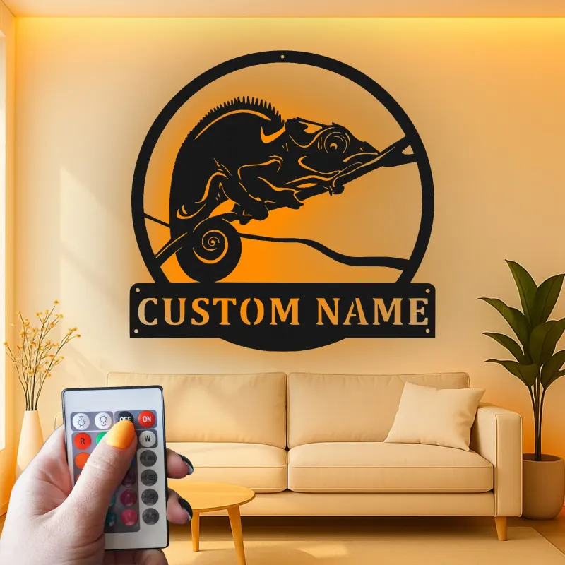 Insegna in metallo personalizzata con luce LED a forma di camaleonte, regalo unico per amanti dei rettili, decorazione per camera da letto