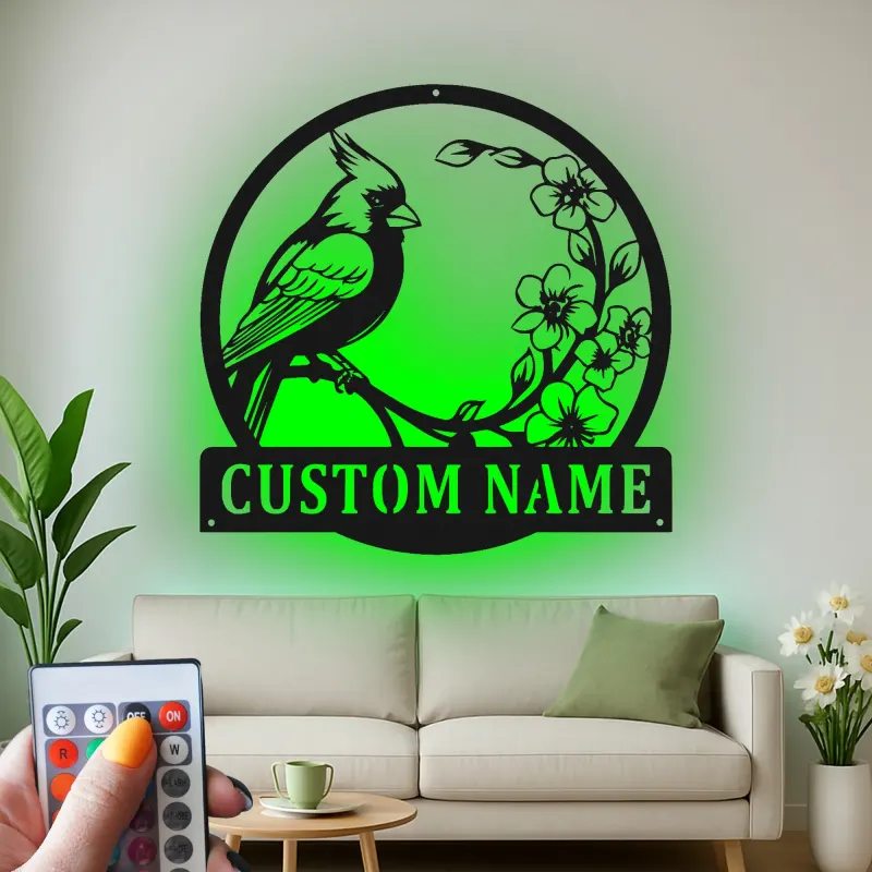 Décoration murale en métal personnalisée avec lumière LED cardinal et fleurs