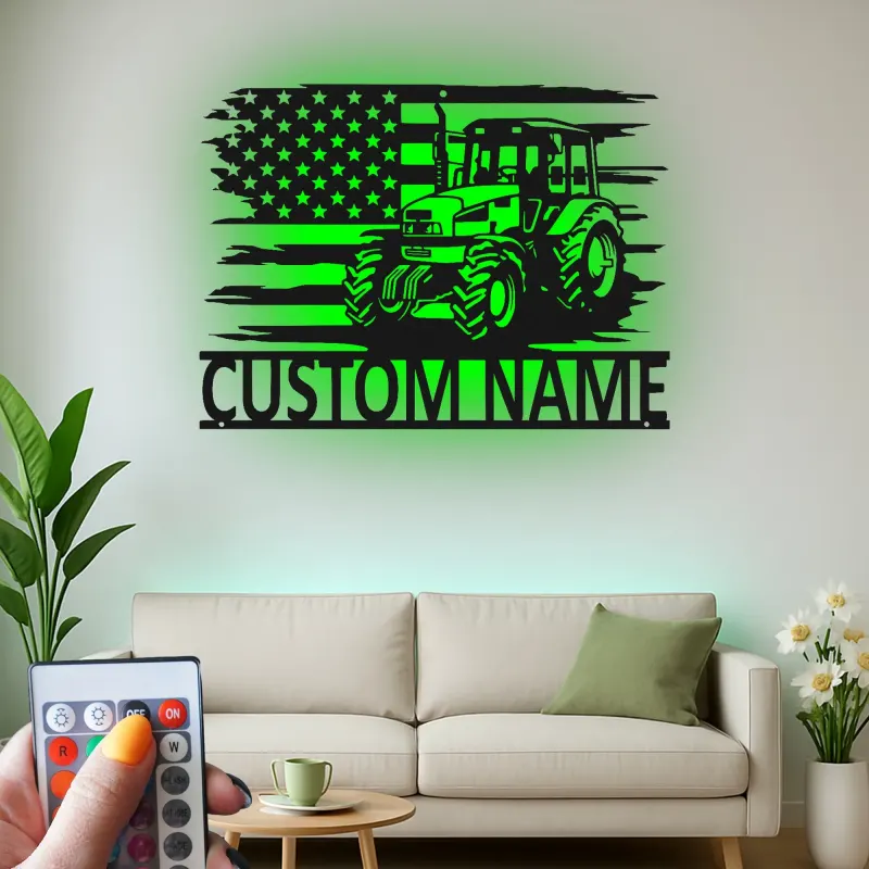 Personalisierte LED-beleuchtete Metall-Wandkunst Traktor und Amerikanische Flagge Geschenk für Landwirte Rustikale Landhausdekoration