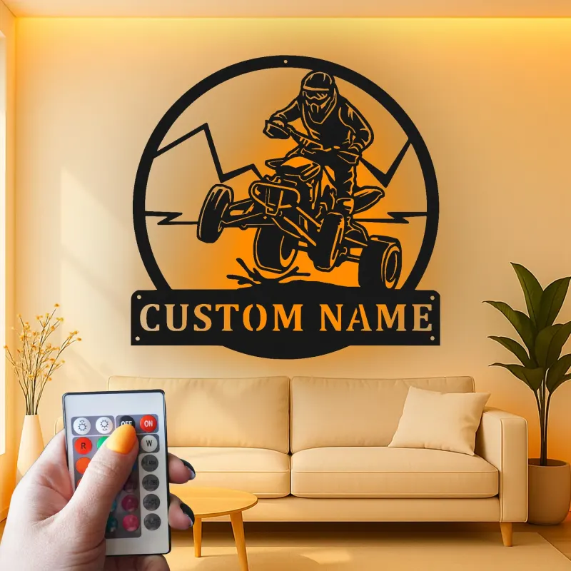 Custom ATV Rider Led Light Metal Wall Art Off-Road Enthusiast Gift Garage or Man Cave Decor