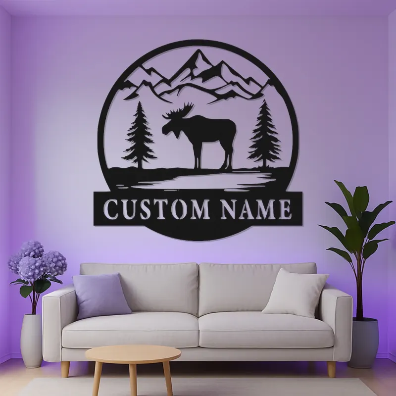 Moose Silhouette LED Metal Wall Art | Custom Name Sign for Cabin | Rustic Mountain Decor Gift