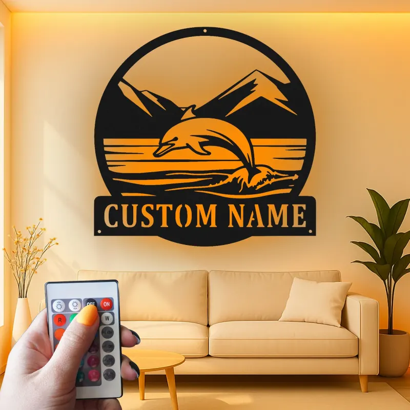 Cartel de metal personalizado con escena oceánica de delfines y luz LED, regalo para amantes de la playa, decoración costera para el hogar