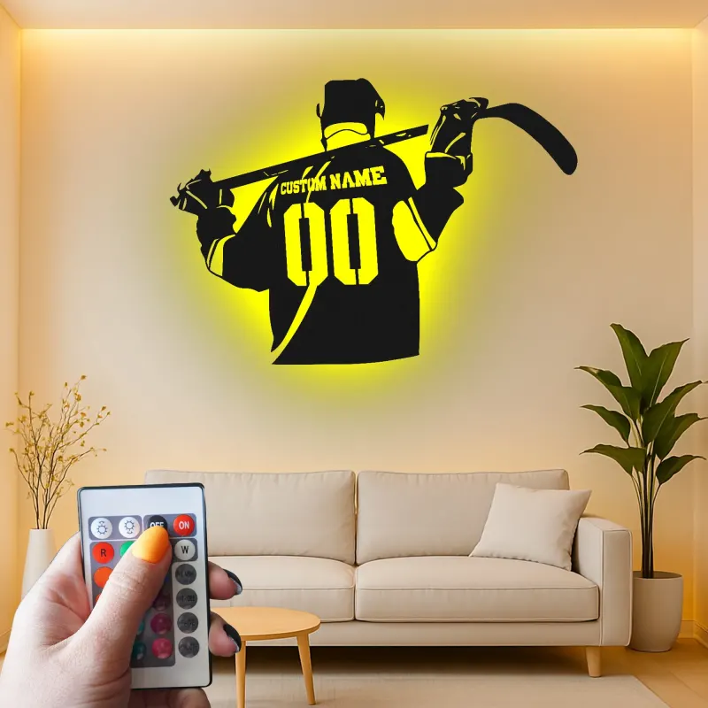Cartel LED personalizado de jugador de hockey | Decoración mural de metal a medida | Decoración para habitación de aficionados al deporte y regalo para deportistas