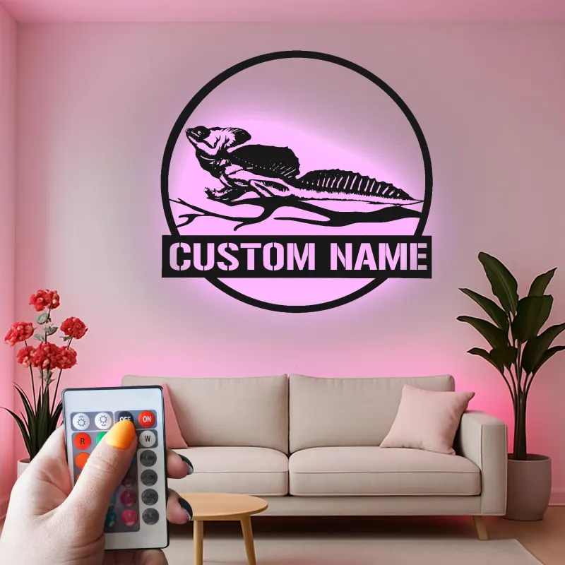 Insegna LED in metallo con lucertola dal collare | Arte murale personalizzata con nome per rettili | Decorazione con sagoma animale esotico per casa e attività