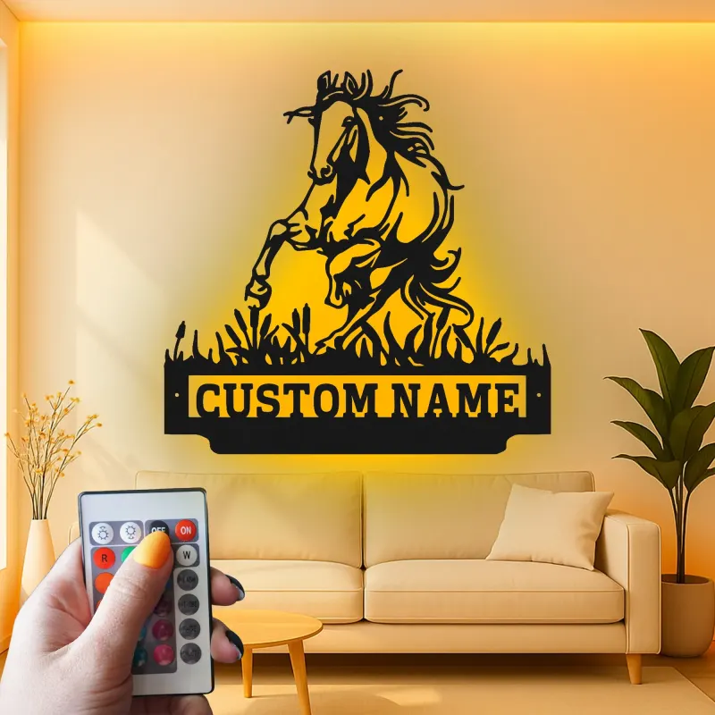 Custom Horse Metal Sign with LED | Personalized Equestrian Wall Art | Ranch Decor & Horse Lover Gift | Backlit Metal Signage