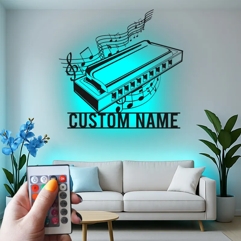 Personalisiertes Harmonica LED-Schild | Metall Musiker Wandkunst | Individuelle Musikzimmer Dekoration | Geschenk für Bluesliebhaber