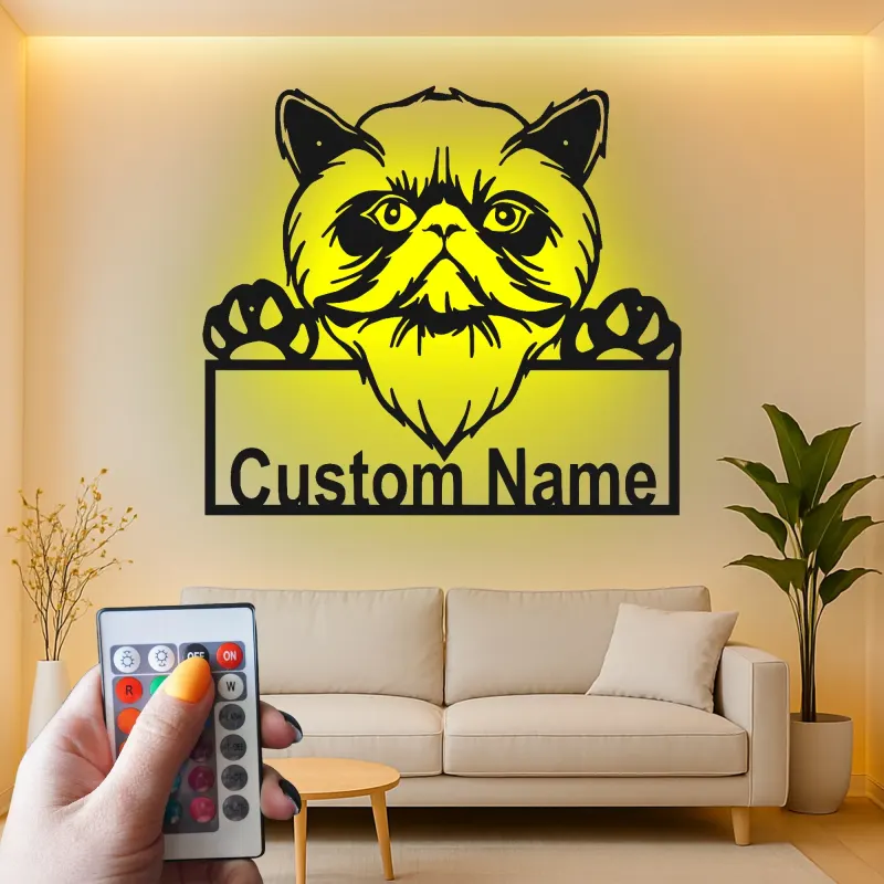 Décoration murale en métal personnalisée avec lumière LED pour chat persan - Cadeau unique pour les amoureux des chats