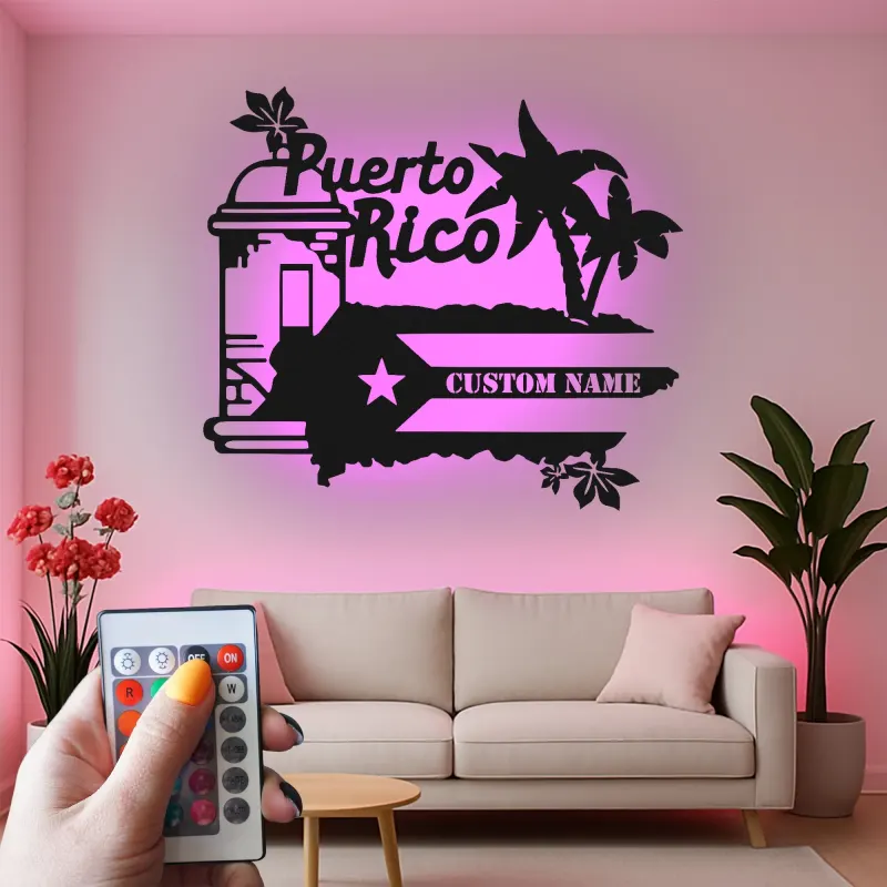 Panneau Métal LED Porto Rico Personnalisé | Art Murale Palmier des Caraïbes Personnalisé | Décor Boricua & Idée de Cadeau Insulaire