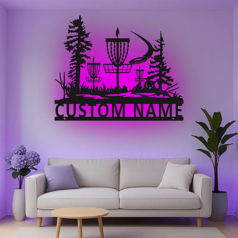 Décoration murale en métal personnalisée avec rétroéclairage LED pour panier de disc golf - Cadeau personnalisé pour disc golfers