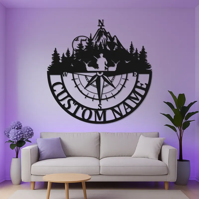 Cartel de metal personalizado de brújula de cazador | Decoración mural LED para cabaña | Regalo con nombre a medida para amantes del aire libre