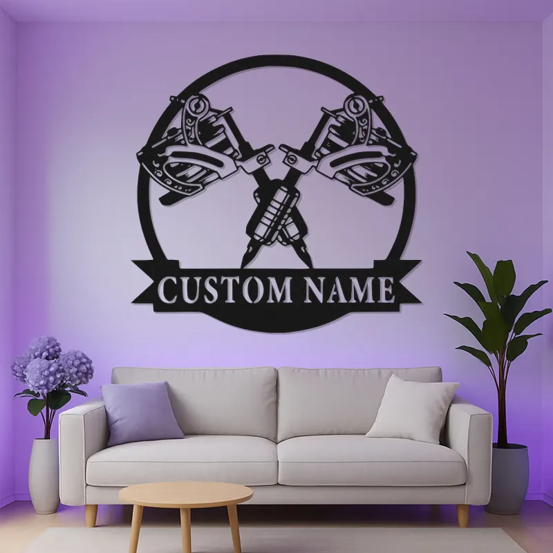 Custom Tattoo Studio LED Sign | Personalized Metal Wall Art | Crossed Machines Decor | Premium Gift for Ink Artist