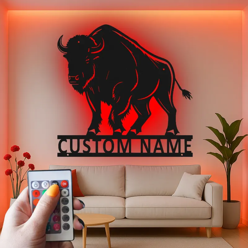 Insegna in metallo LED personalizzata con bisonte - Regalo per amanti della natura e decorazione rustica per il soggiorno