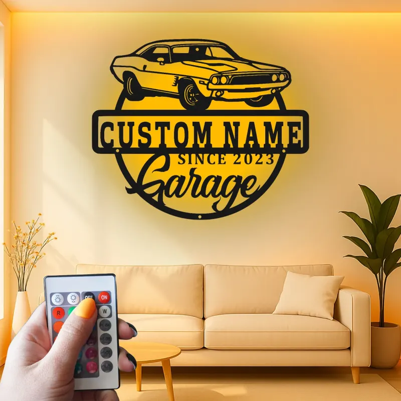 Insegna LED in metallo con muscle car su misura | Arte da parete personalizzata per garage | Arredo vintage per auto | Regalo per appassionati di auto | Arredo industriale per man cave