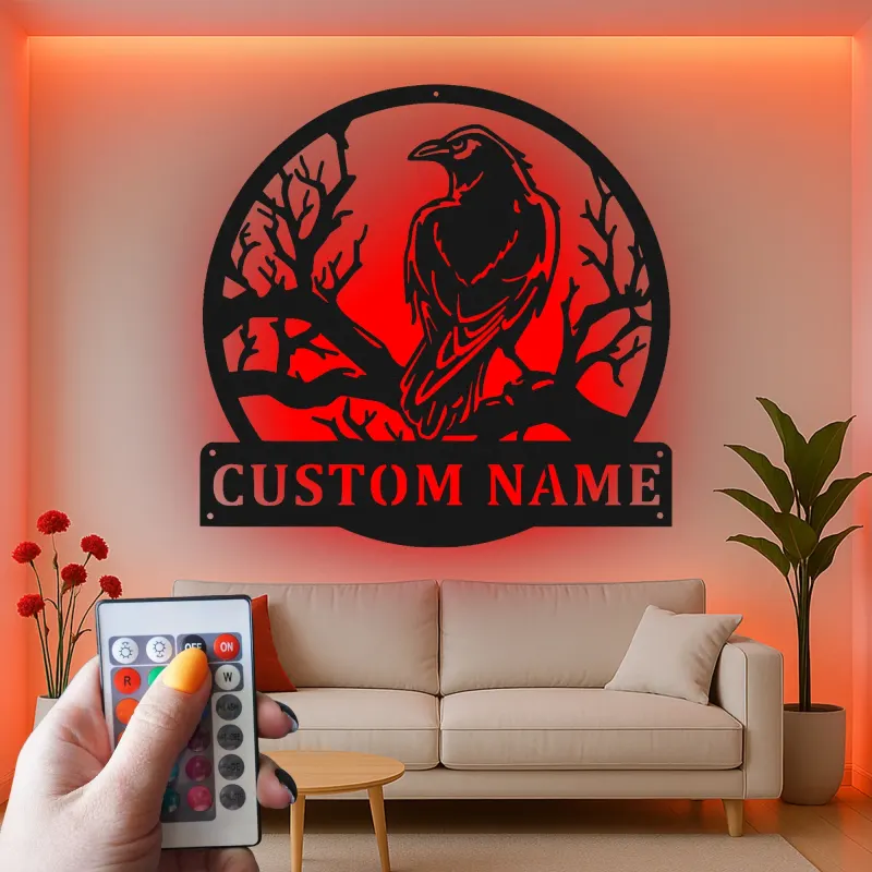 Custom Raven Metal Sign with LED | Personalized Gothic Bird Wall Art | Backlit Wildlife Decor for Entryway