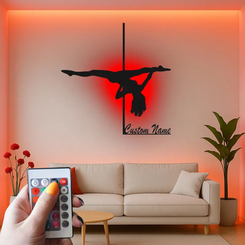 Custom Pole Dance Metal Sign | LED Name Art for Studio Decor | Personalized Dancer Gift | Gymnastics Wall Silhouette