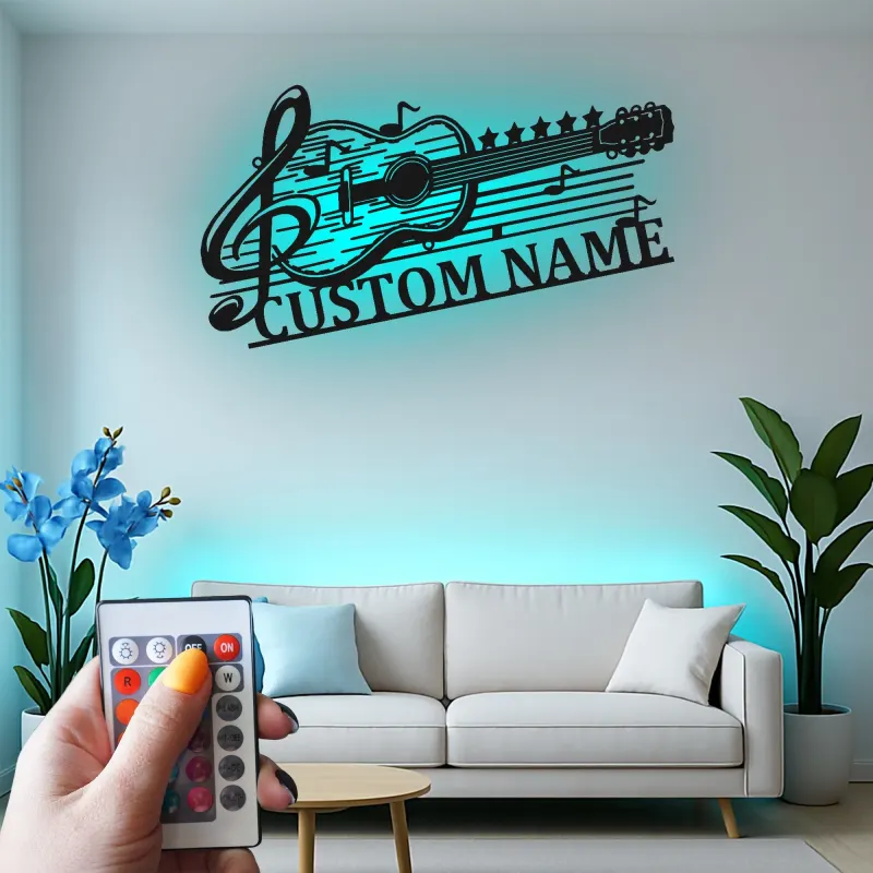Personalized Guitar Metal Sign with LED | Custom Music Notes Wall Art | Musician Name Plate for Studio Decor