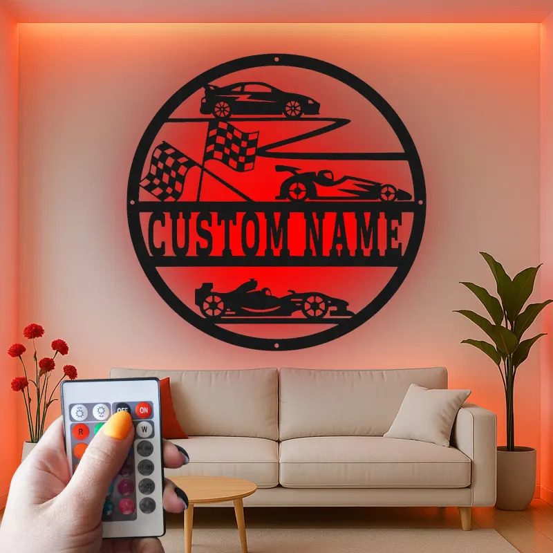 Panneau Métal de Voiture de Course Personnalisé | Art Murale LED avec Nom pour Garage | Décor de Formule 1 & Voiture de Sport | Cadeau pour Pilote